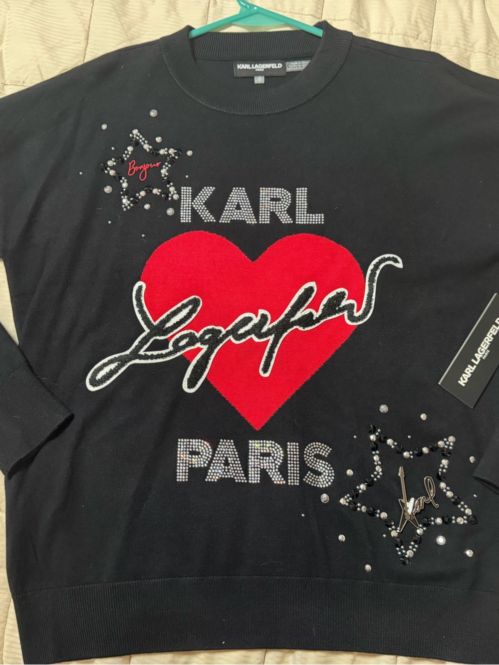 Karl Lagerfeld womensBlack Sweatshirt with Red Heart & Silver Accents